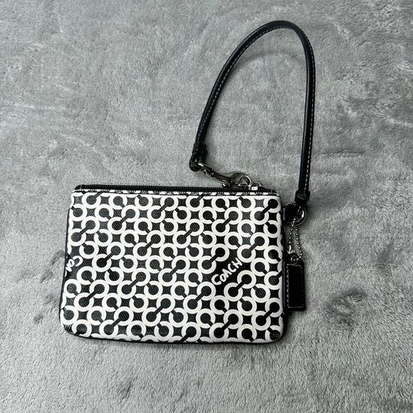 Coach Black White Signature Coated Canvas Leather Trim Small Wristlet Pouch - Picture 3 of 6